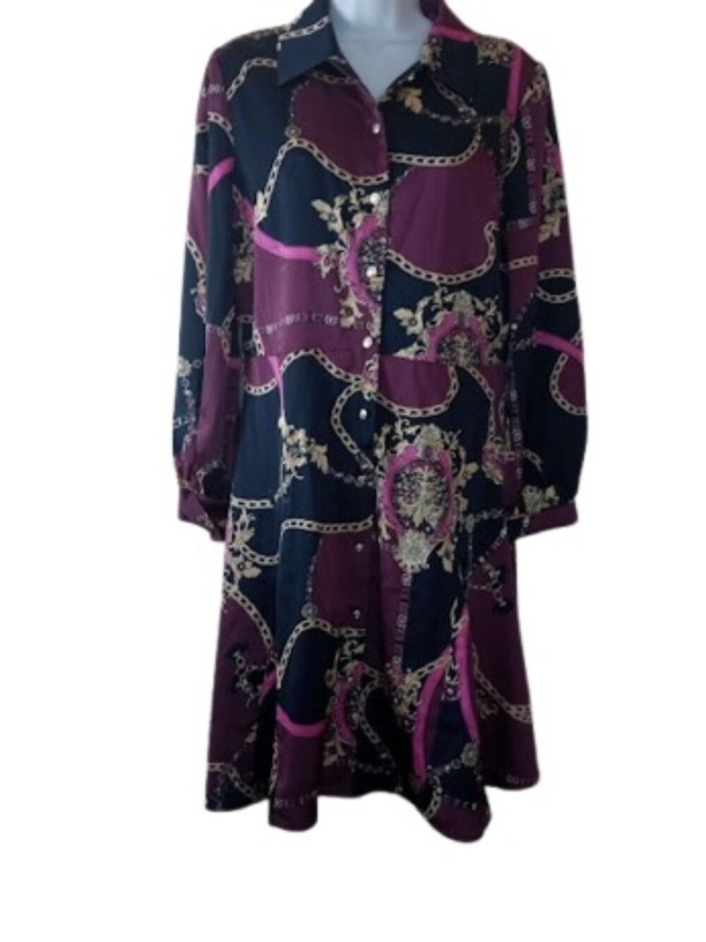 Cache Womens A Line Shirt Dress Black Burgundy Baroque Chain Print Satin S New